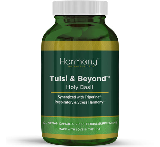 Harmony Nutraceuticals Tulsi bottle front shows organic herbs for daily balance.