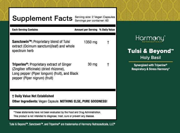 Harmony Nutraceuticals Tulsi capsules closeup highlights high potency and clean ingredients.