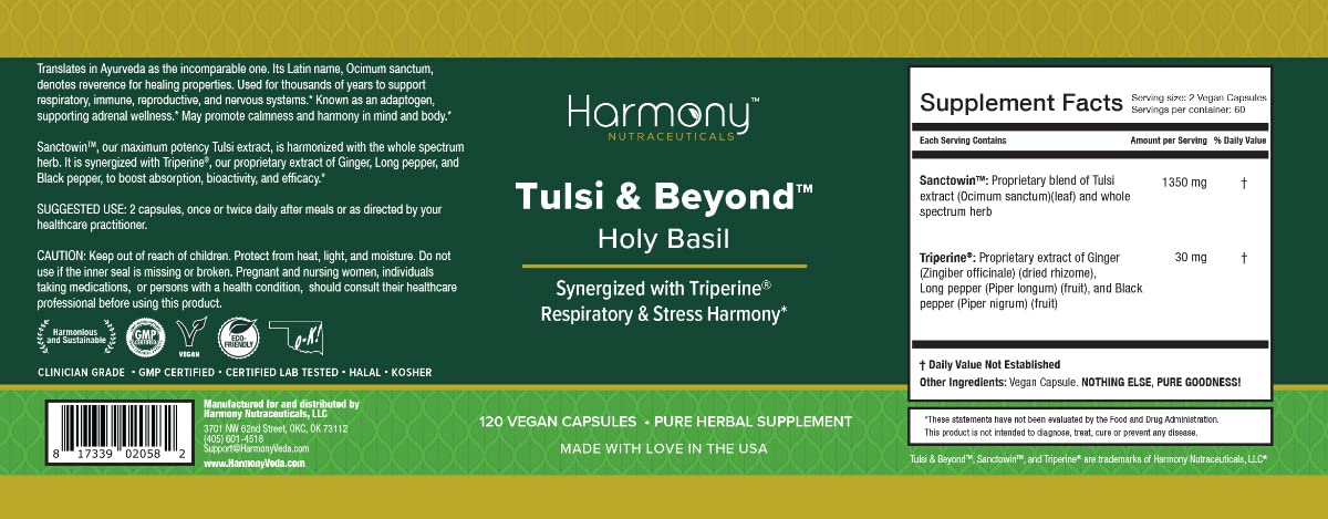 Harmony Nutraceuticals Tulsi packaging detail emphasizes Sanctowin and Triperine blend.