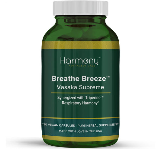 Harmony Nutraceuticals Vasaka bottle shows a trusted daily respiratory support option