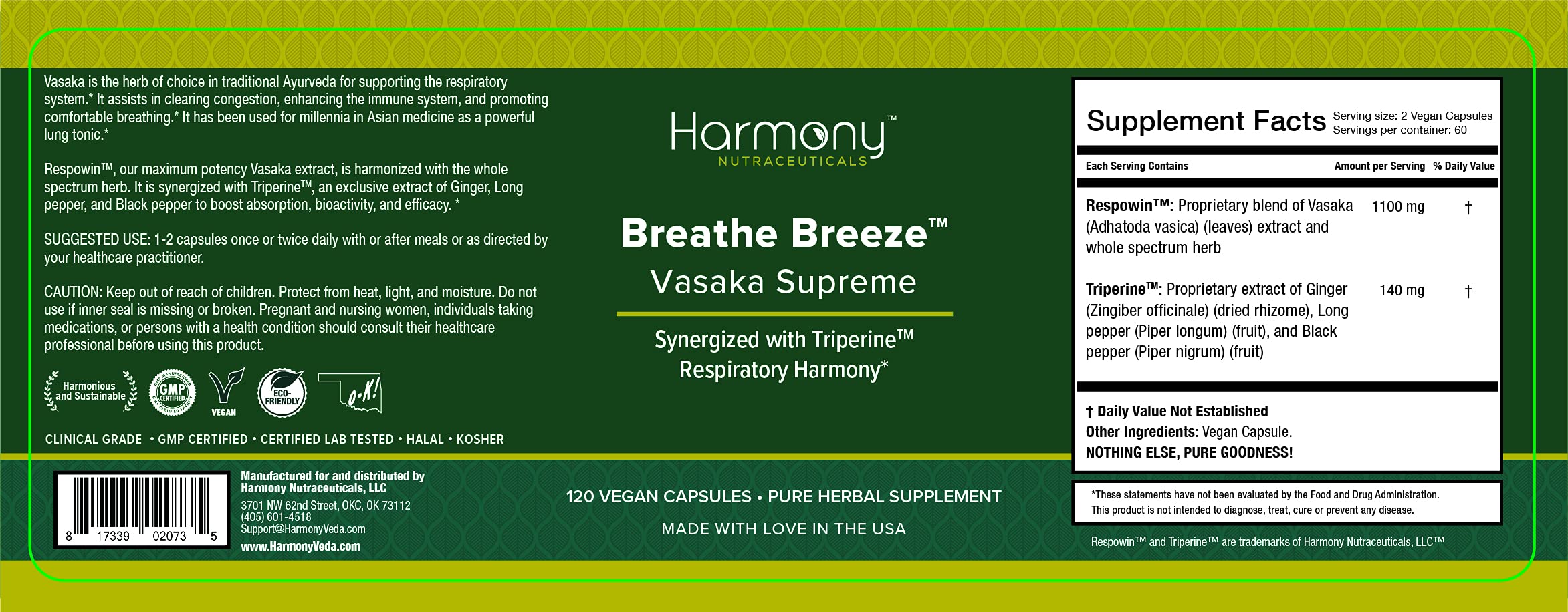 Harmony Nutraceuticals Vasaka capsules close-up highlights easy-to-swallow capsules