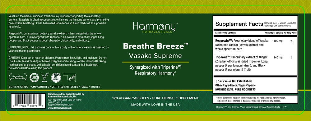 Harmony Nutraceuticals Vasaka capsules close-up highlights easy-to-swallow capsules