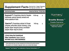 Harmony Nutraceuticals Vasaka label detail notes Respowin extract and Triperine synergy
