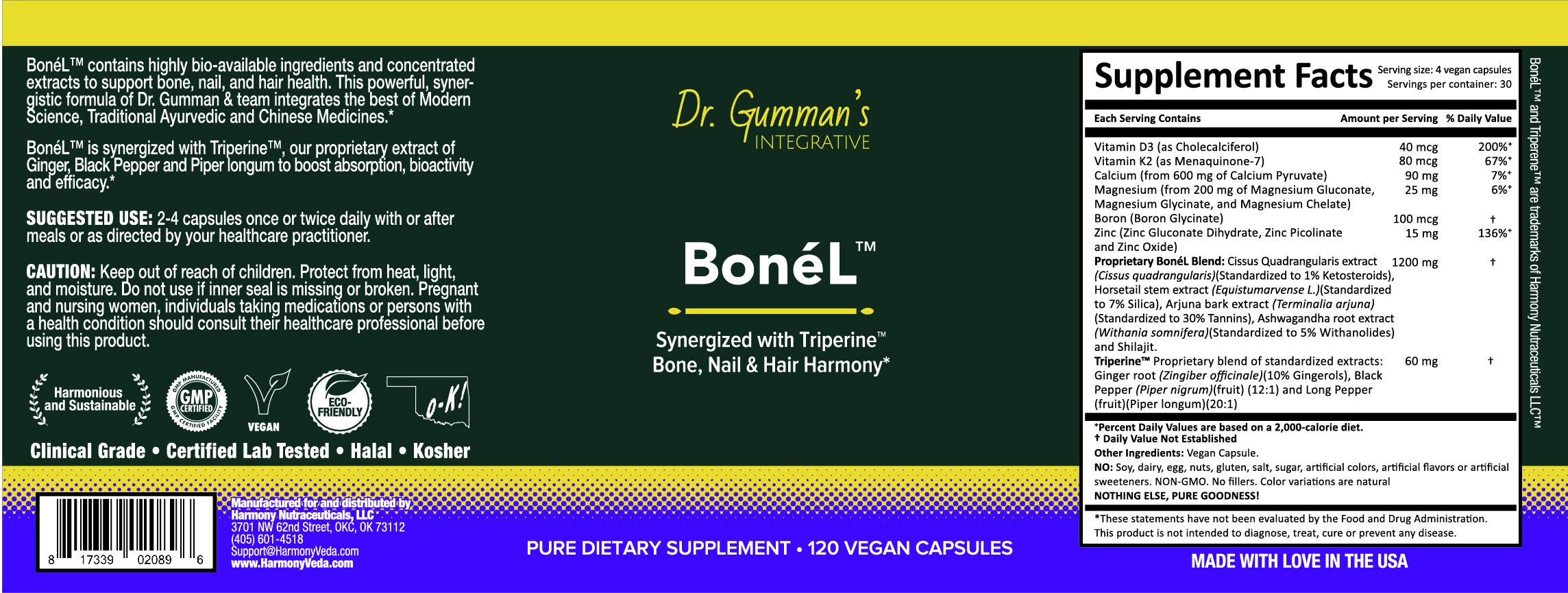 Harmony Nutraceuticals Bone’L capsules icon communicates non-GMO, kosher, halal, and ethically sourced.
