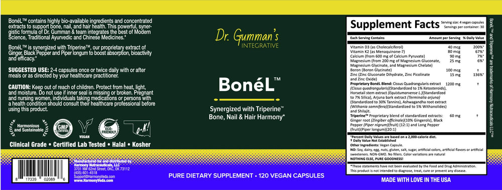 Harmony Nutraceuticals Bone’L capsules icon communicates non-GMO, kosher, halal, and ethically sourced.