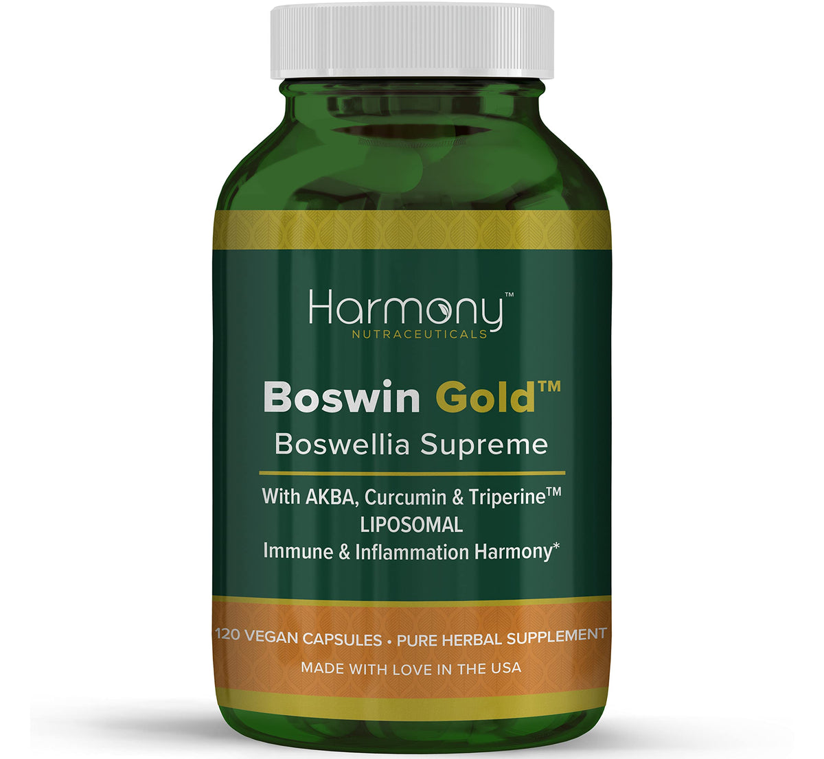 Harmony Nutraceuticals Boswin Gold Liposomal bottle showcases high-potency formula for joint support.