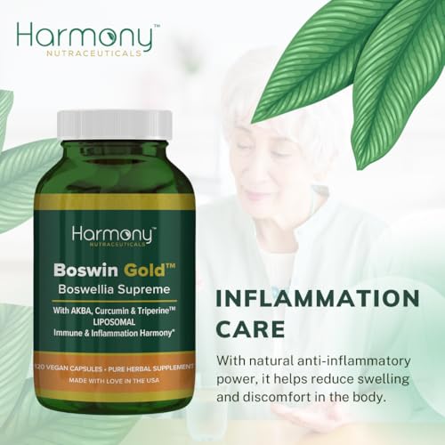 Harmony Nutraceuticals Boswin Gold Liposomal label highlights turmeric and triperine synergy for absorption.