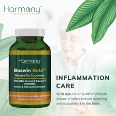 Harmony Nutraceuticals Boswin Gold Liposomal label highlights turmeric and triperine synergy for absorption.