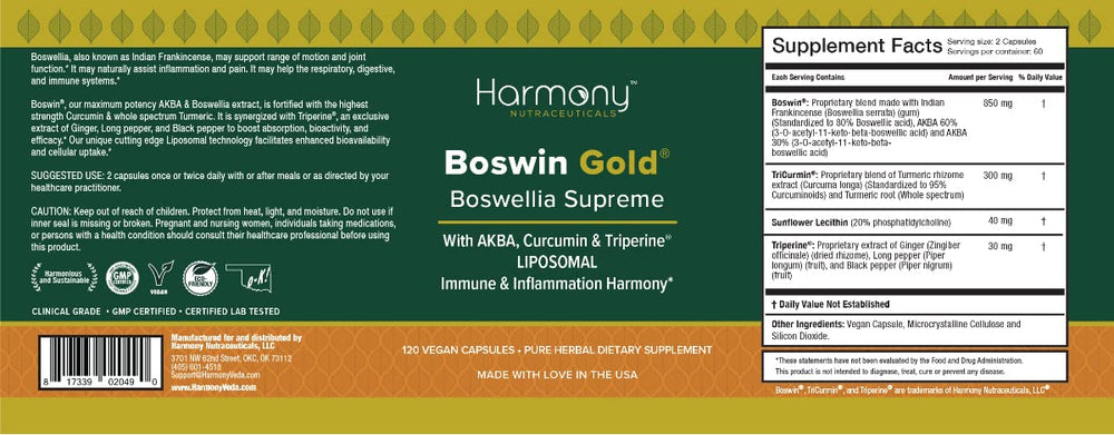 Harmony Nutraceuticals Boswin Gold Liposomal Triperine close-up illustrates absorption-boosting companions.