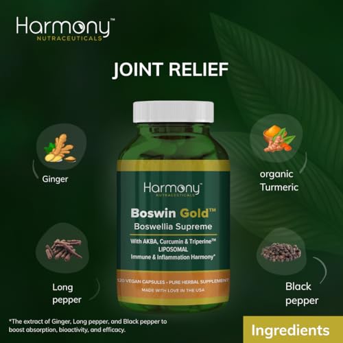 Harmony Nutraceuticals Boswin Gold Liposomal turmeric image emphasizes organic anti-inflammatory blend.