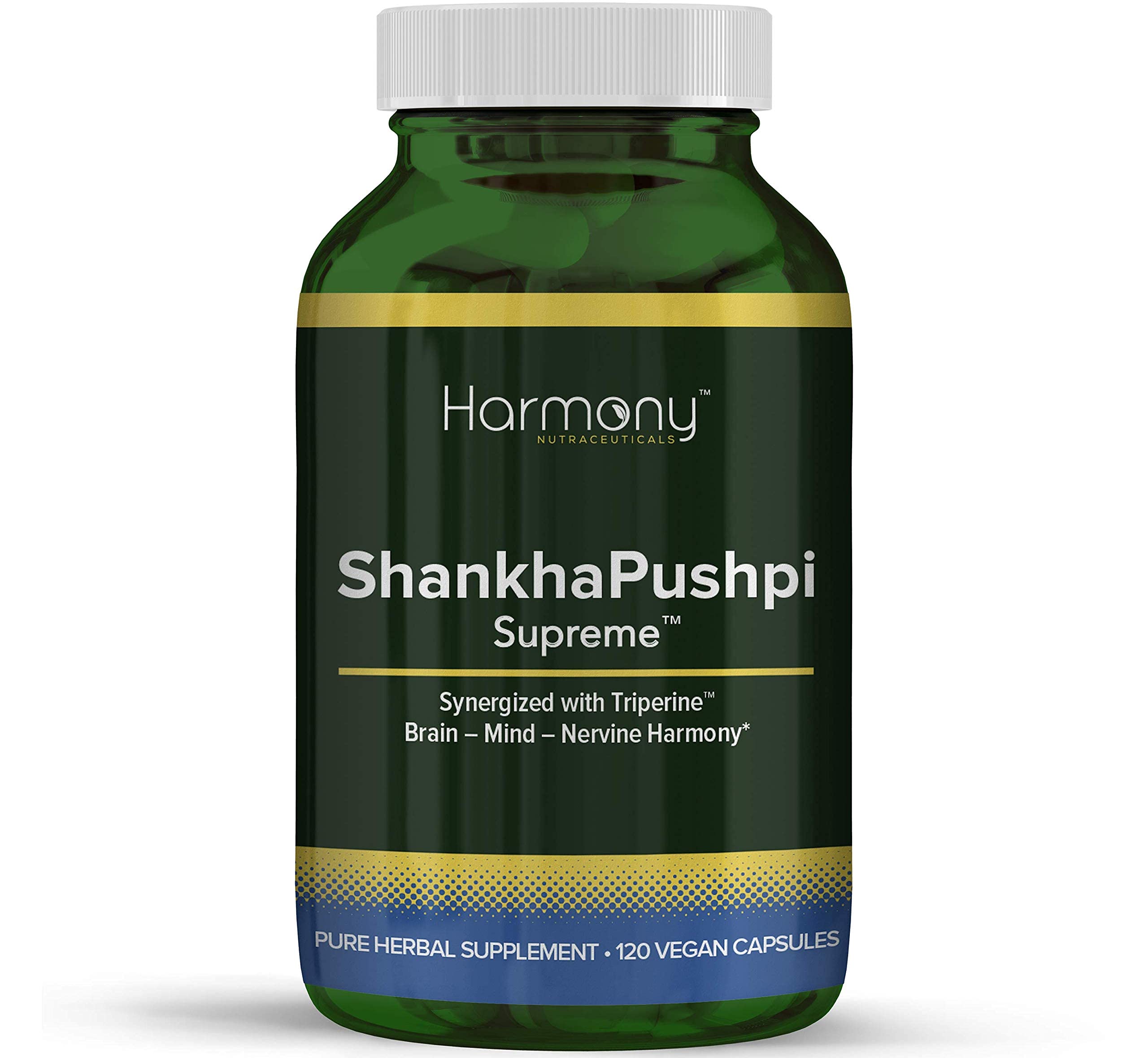 Harmony Nutraceuticals ShankhPushpi Supreme bottle showing capsule counts for daily cognitive support