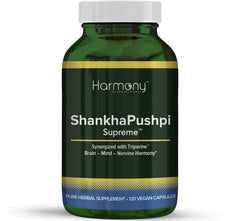 Harmony Nutraceuticals ShankhPushpi Supreme bottle showing capsule counts for daily cognitive support