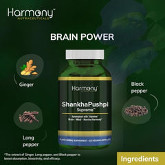 Harmony Nutraceuticals ShankhPushpi Supreme capsules closeup highlighting vegan formulation