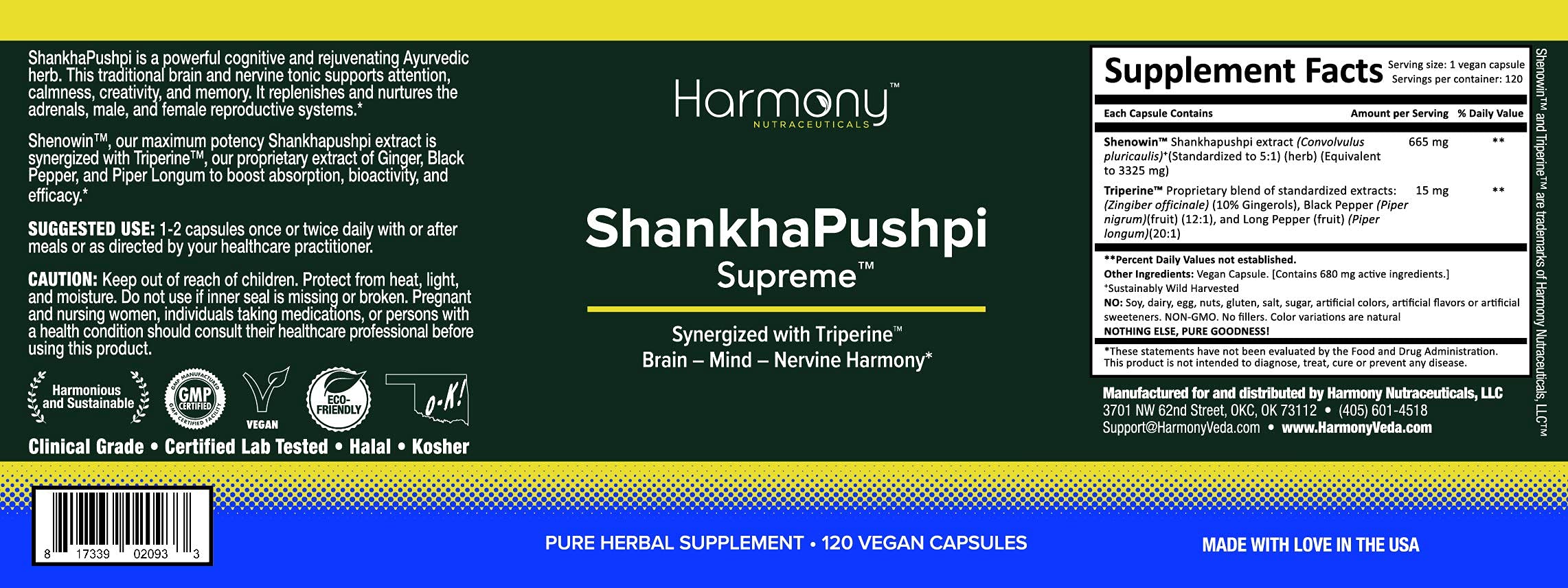 Harmony Nutraceuticals ShankhPushpi Supreme third-party lab seal for purity