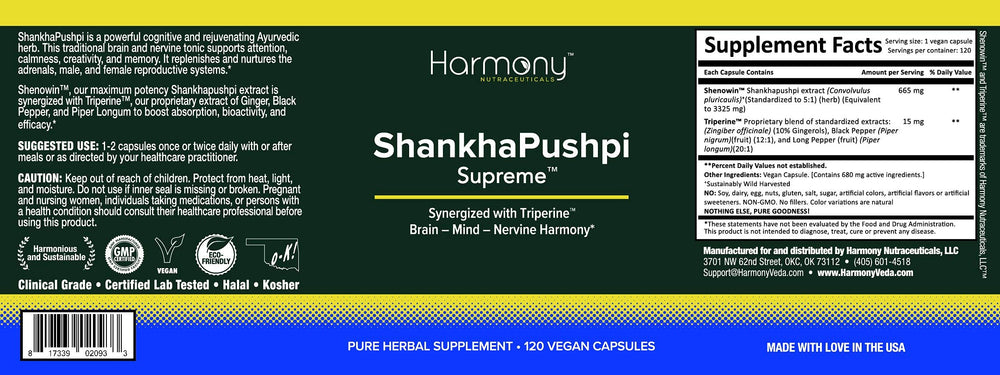 Harmony Nutraceuticals ShankhPushpi Supreme third-party lab seal for purity