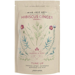 Harney and Sons Organic Hibiscus Ginger Tune-Up bag ready for a refreshing wellness cup