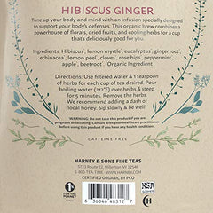 Harney and Sons organic ingredients close-up featuring hibiscus, echinacea, and peppermint