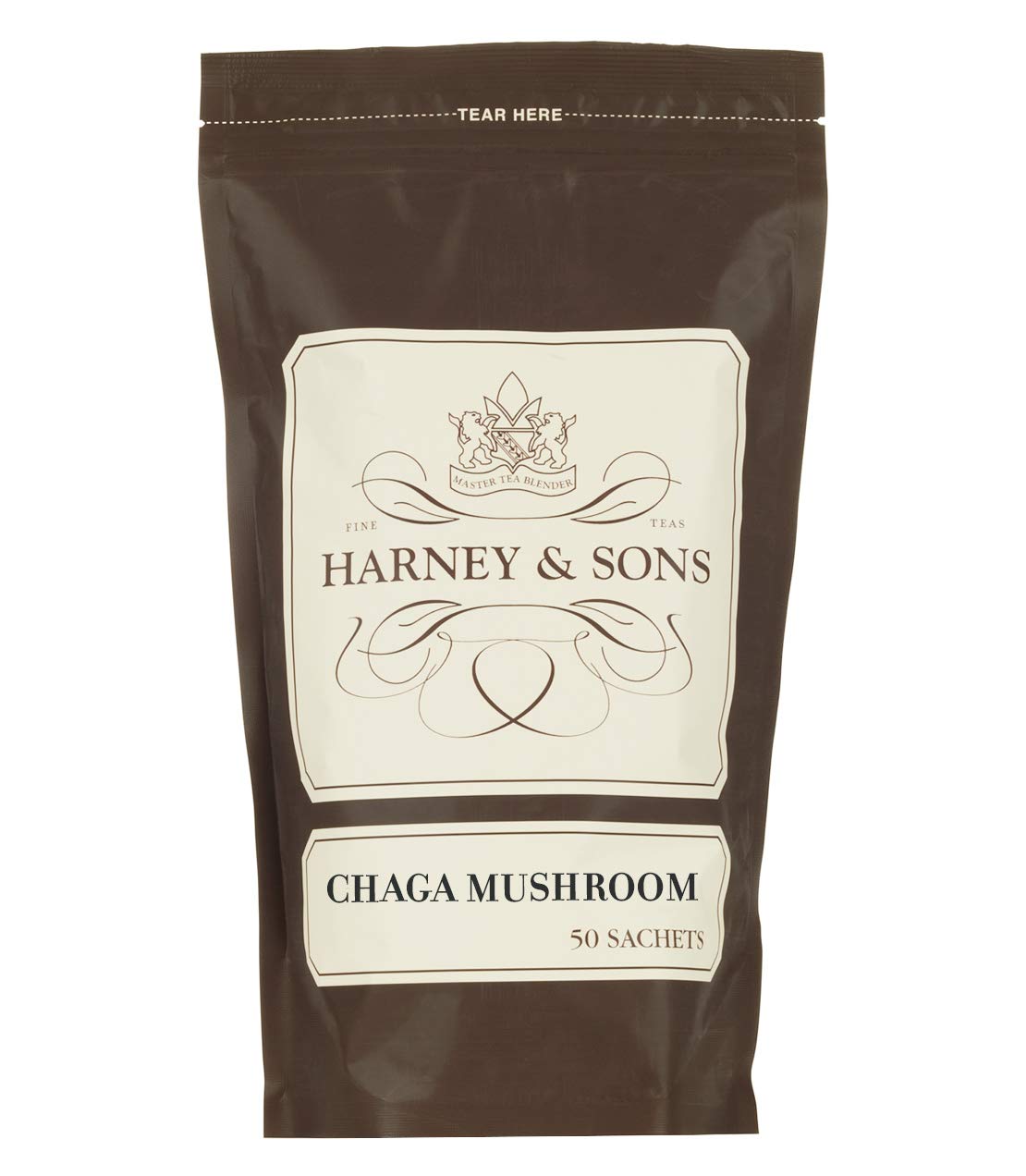 Harney & Sons Chaga tea sachets bulk pack, caffeine-free herbal tea for a calming moment.