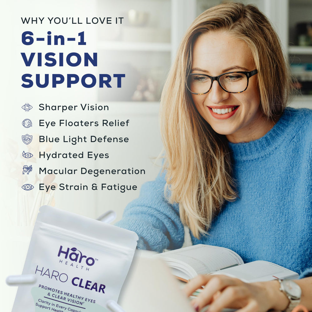 Haro Health capsules closeup shows easy daily eye support for adults