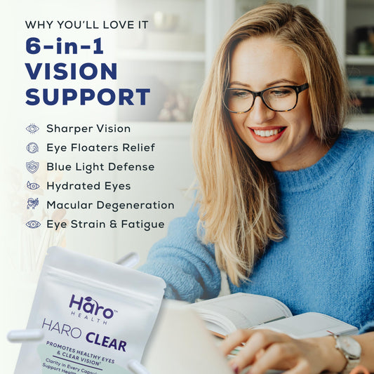 Haro Health capsules closeup shows easy daily eye support for adults