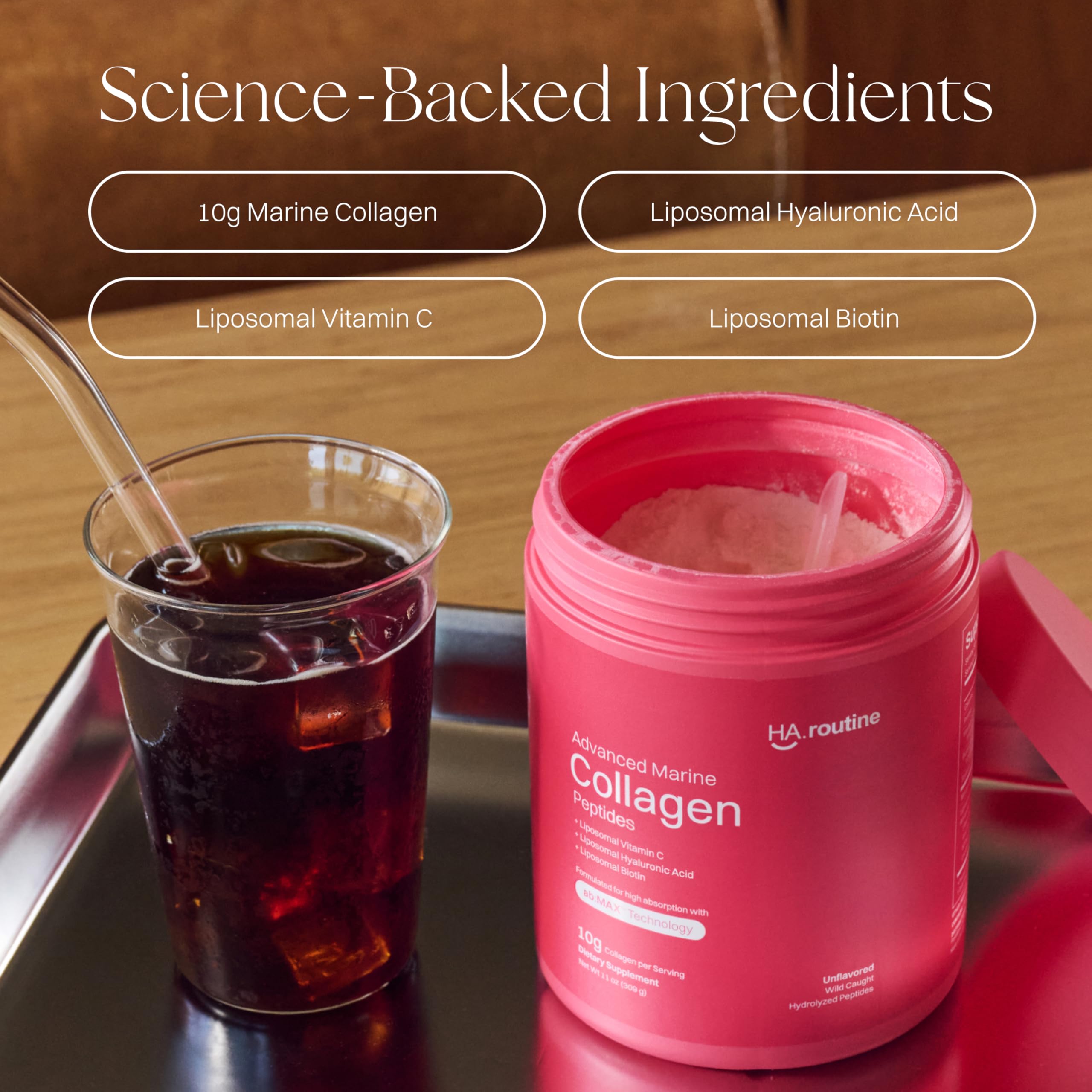 Haroutine collagen powder dissolving in water for quick beverage mix.