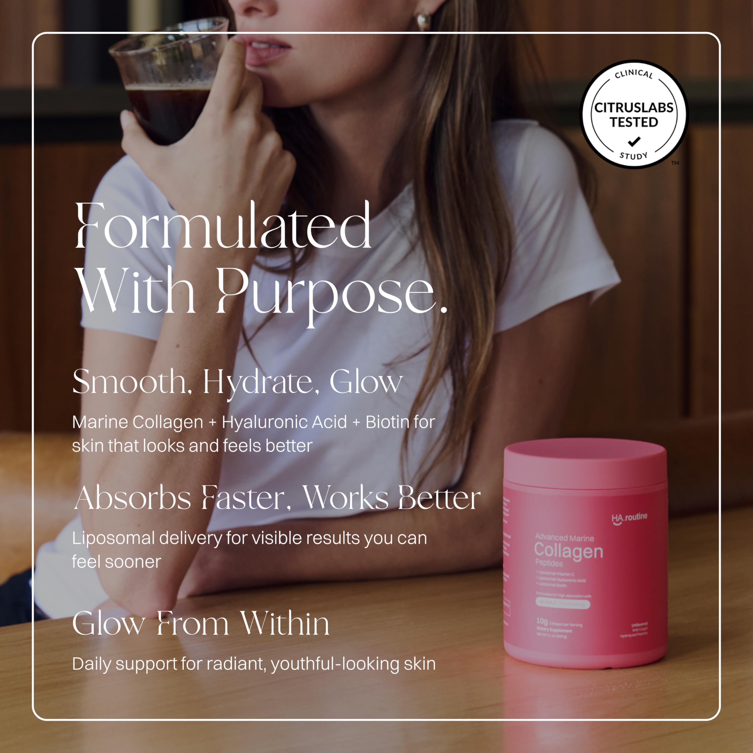 Haroutine collagen scoop and lid demonstrates easy dosing for daily skin routine.