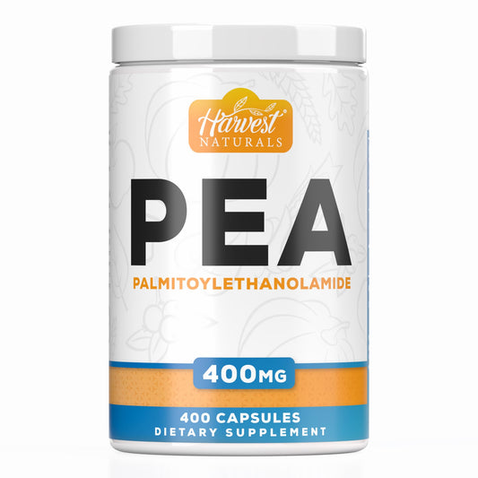 Harvest Naturals Palmitoylethanolamide capsules bottle-front view with 400 mg servings.
