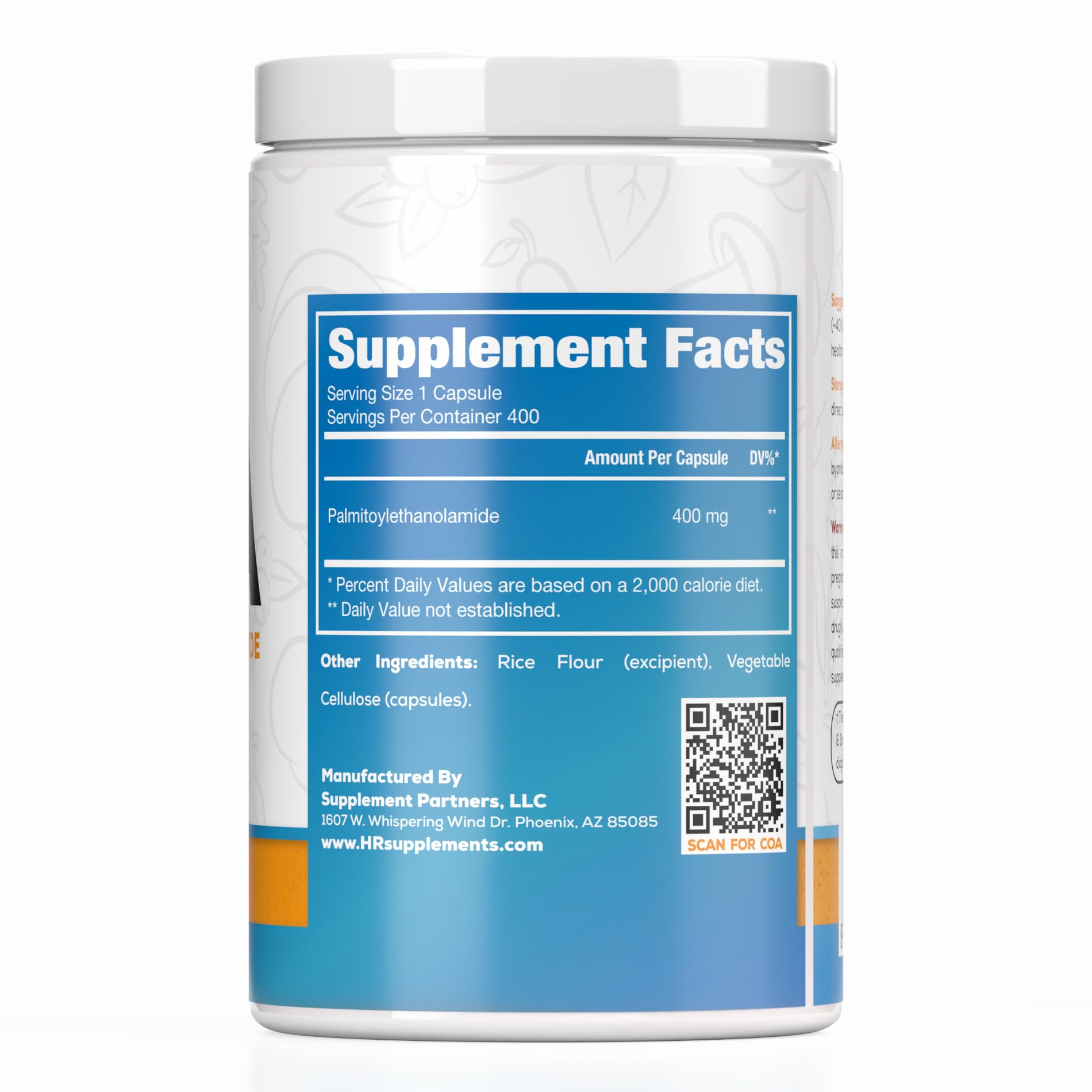 Palmitoylethanolamide capsules pour shot showing convenient daily dosage.