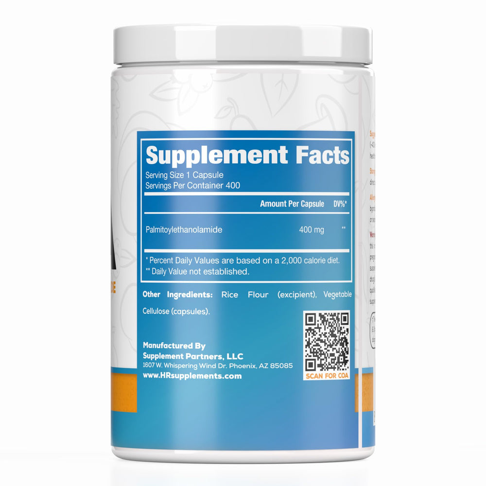 Palmitoylethanolamide capsules pour shot showing convenient daily dosage.