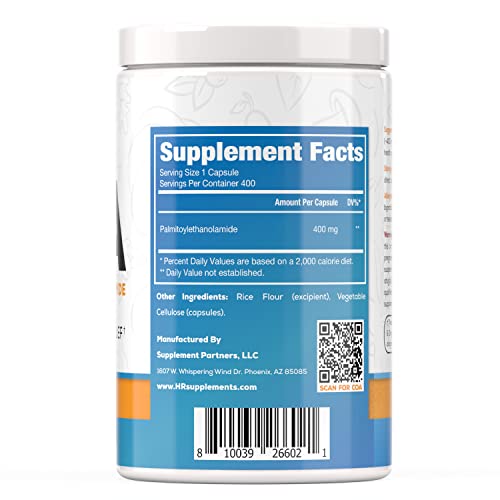 Harvest Naturals capsules closeup highlights smooth 400 mg PEA capsules.