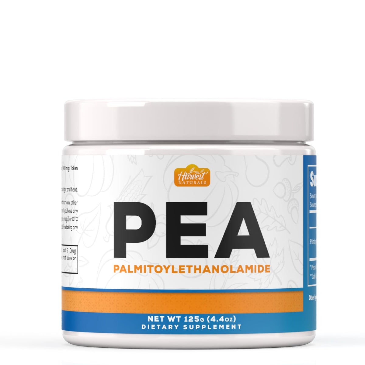Harvest Naturals Palmitoylethanolamide powder jar front showing premium quality