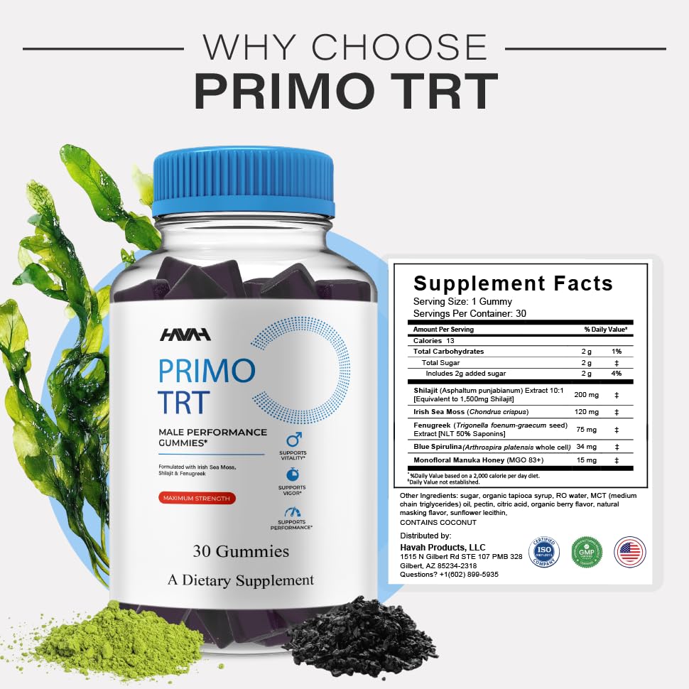 Havah Primo TRT gummies bottle on kitchen counter suggesting easy daily use.