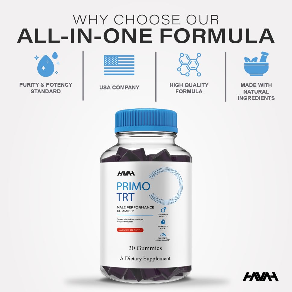 Gummies serving area shows Havah Primo TRT for a simple daily ritual.