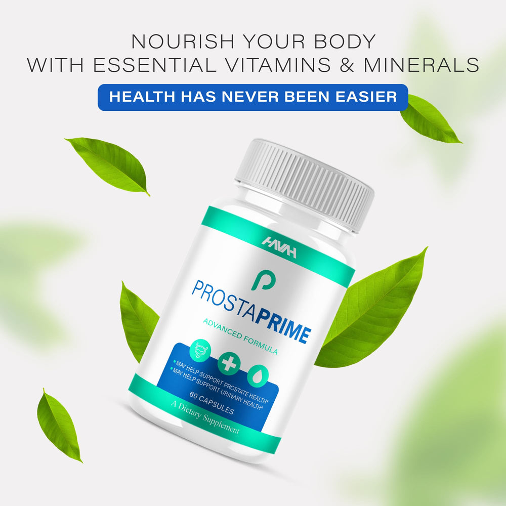 Havah ProstaPrime bottle back label, shows 60 capsules for monthly use.