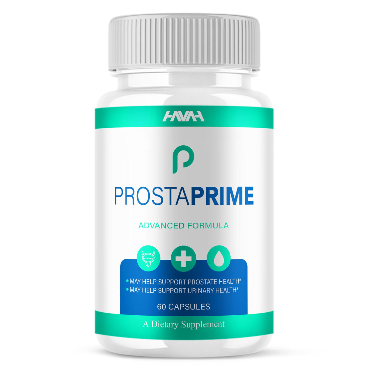 Havah ProstaPrime bottle front view, supports daily wellness with an advanced prostate-friendly formula.