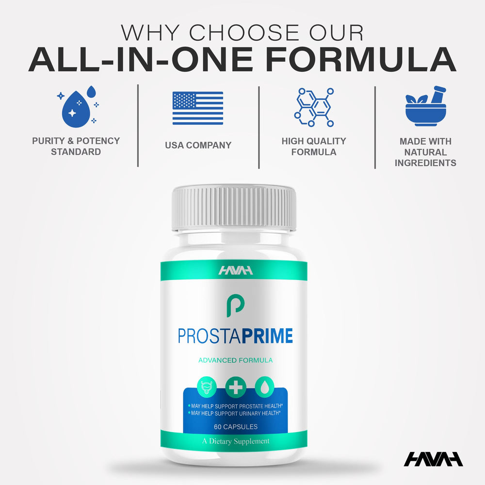 Havah ProstaPrime daily use logo, signals maximum strength wellness supplement.