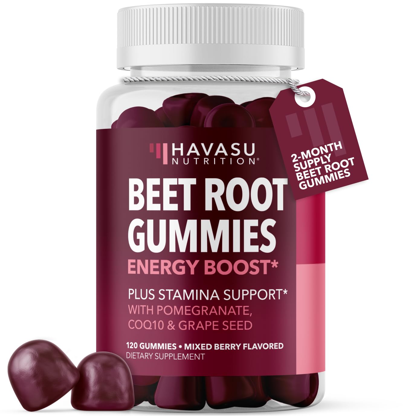 Havasu Nutrition Beet Root Gummies bottle with mixed berry flavor for on-the-go energy.