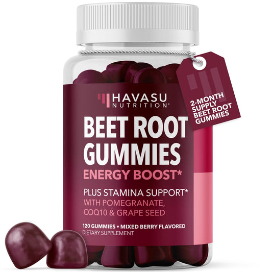 Havasu Nutrition Beet Root Gummies bottle with mixed berry flavor for on-the-go energy.