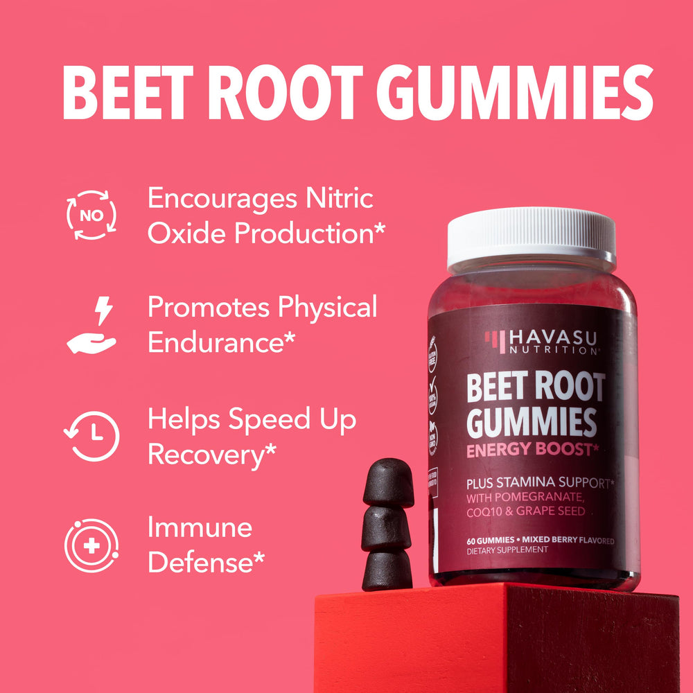 Product label highlights vegan and gluten-free attributes on Havasu Nutrition Beet Root Gummies.