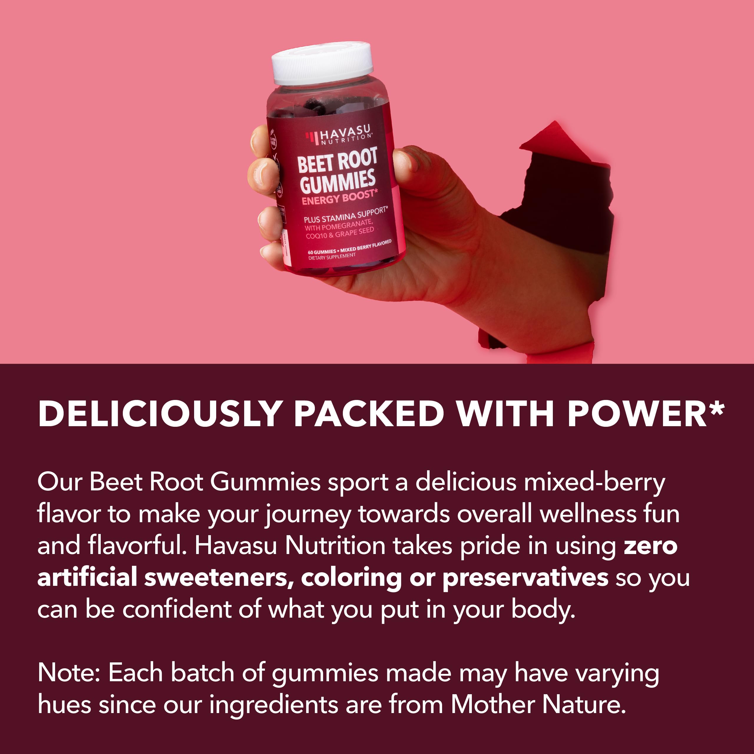 Gummies spilled from Havasu Nutrition bottle signal convenient energy support.