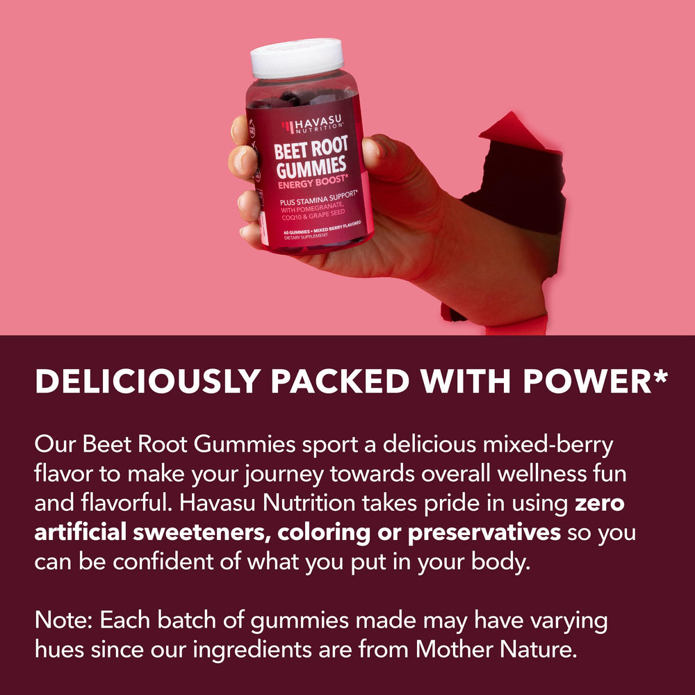 Gummies spilled from Havasu Nutrition bottle signal convenient energy support.