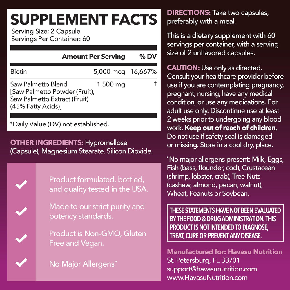HAVASU NUTRITION Biotin capsules highlighting 5000mcg for nails and skin