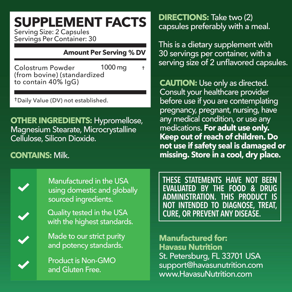 HAVASU Nutrition colostrum capsules shown for gut health and digestion.