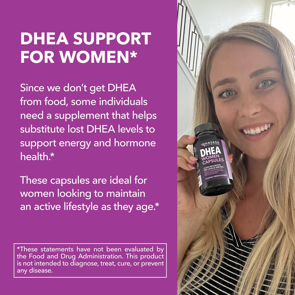 Ingredients list confirms DHEA and biotin as key components.