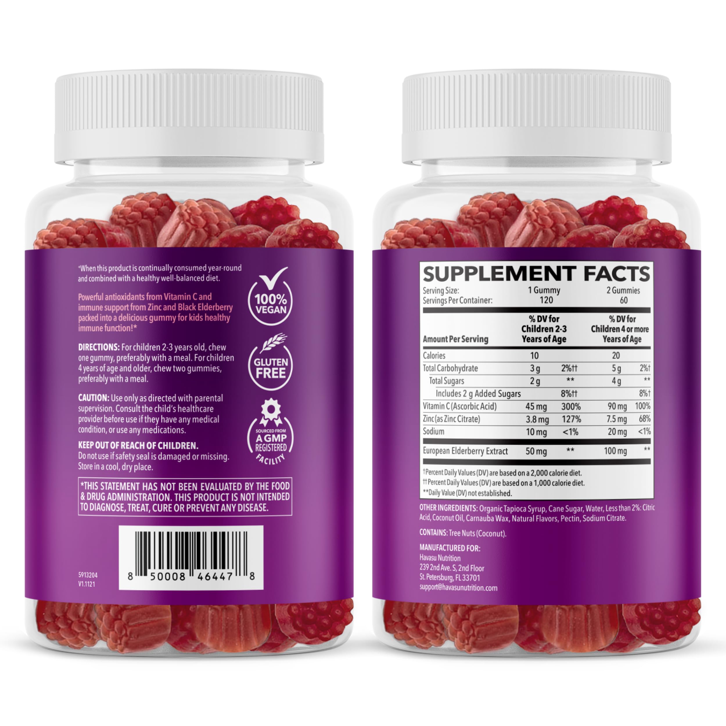 HAVASU NUTRITION Elderberry Kids Gummies serving size and usage information on label