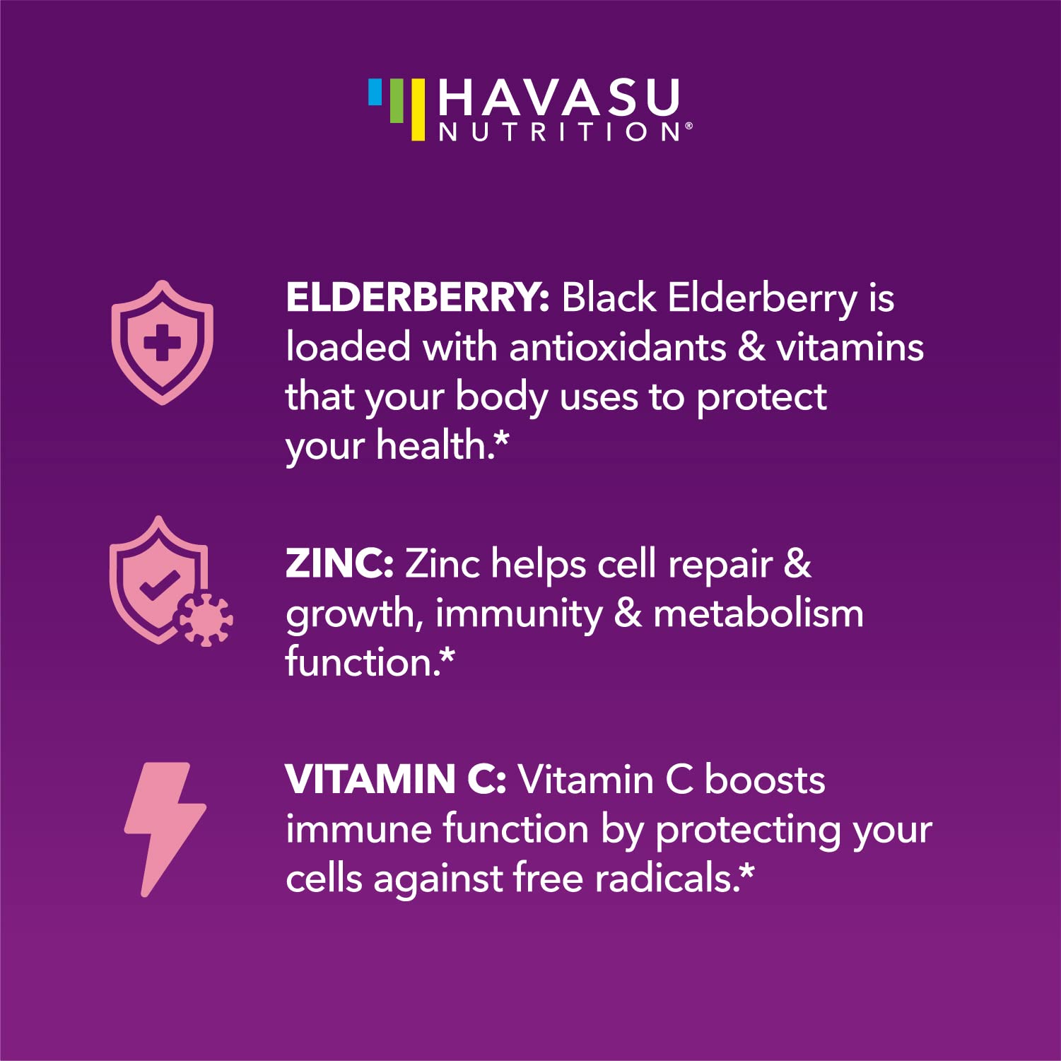 HAVASU NUTRITION Elderberry Gummies zinc vitamin C label highlights essential nutrients