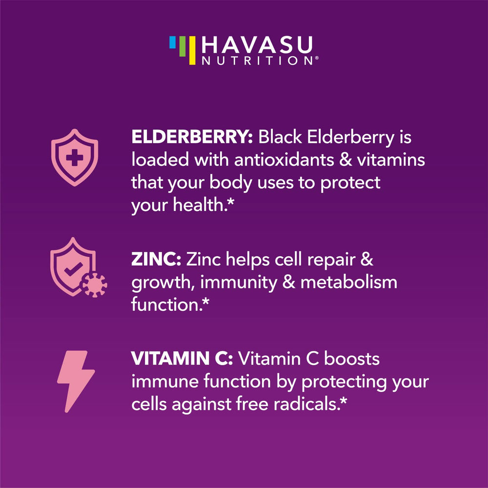 HAVASU NUTRITION Elderberry Gummies zinc vitamin C label highlights essential nutrients