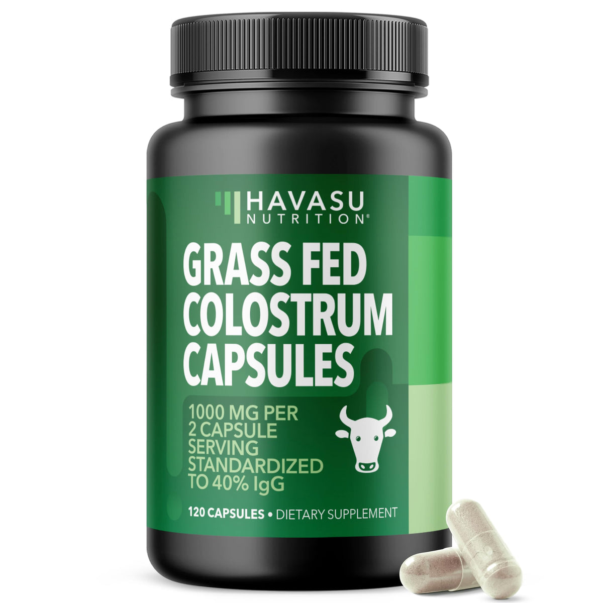 HAVASU NUTRITION grass-fed colostrum bottle highlights premium packaging for immune and gut support