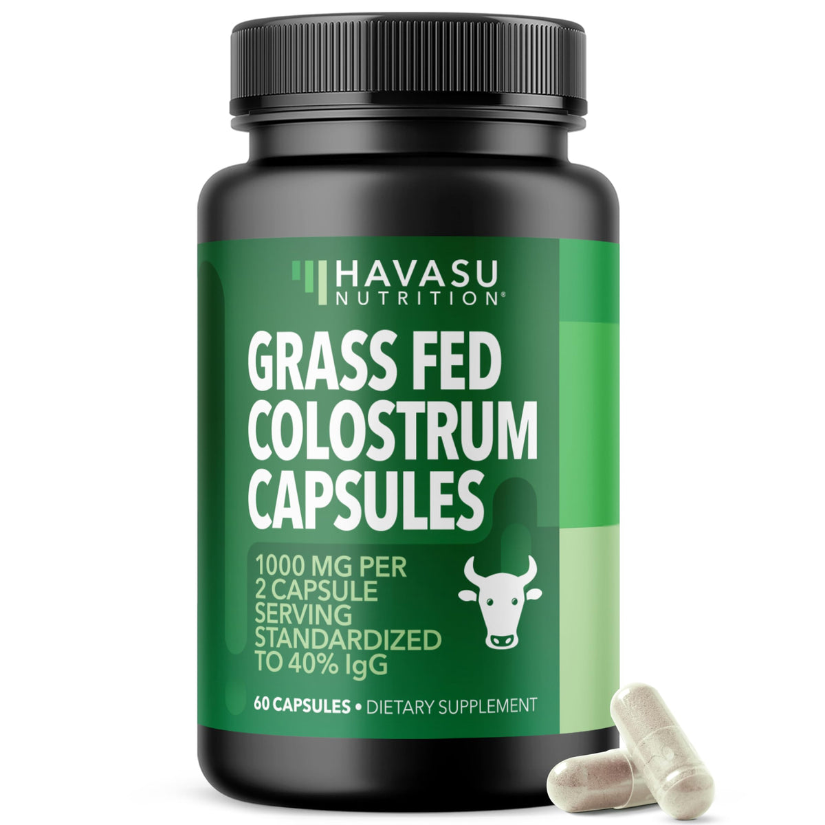 HAVASU Nutrition grass-fed colostrum bottle highlights 60 capsules for immune support.