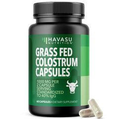 HAVASU Nutrition grass-fed colostrum bottle highlights 60 capsules for immune support.